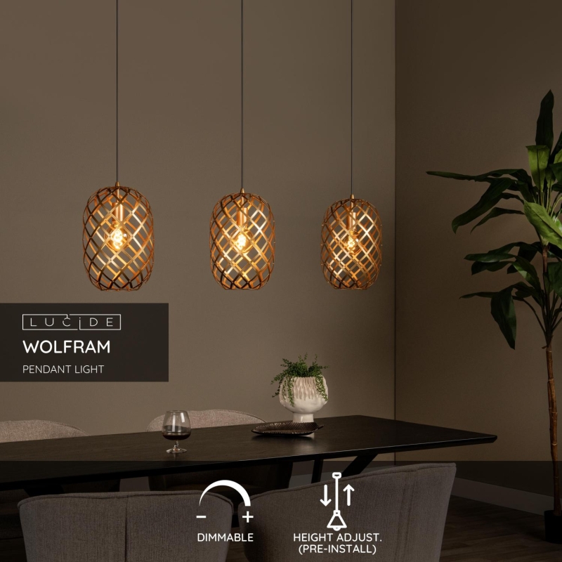 Lucide WOLFRAM - Závesné svietidlo - 3xE27 - Matt Gold / Mosadz